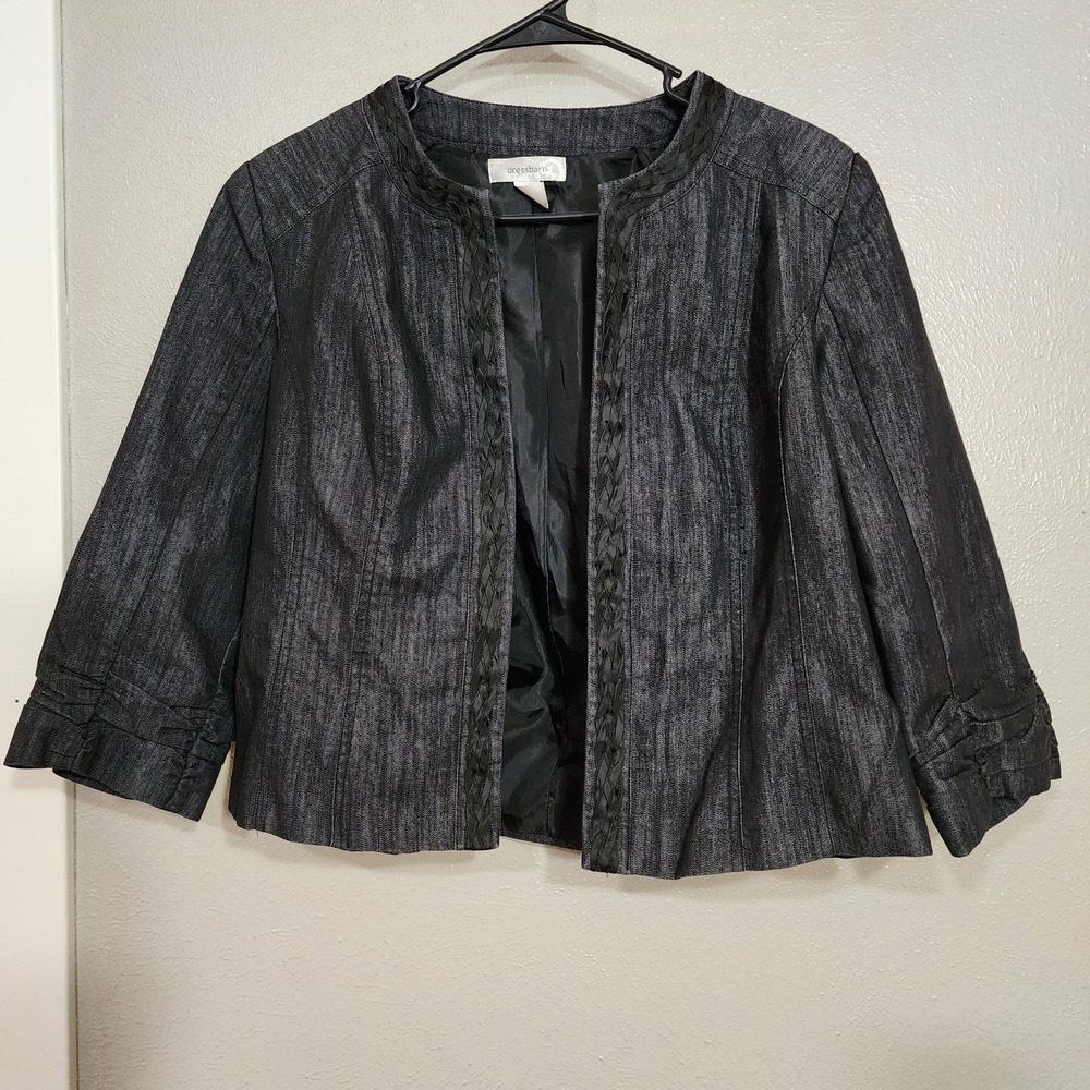 Dressbarn Jacket Blazer Open-Front 3/4 Sleeve Lined Braided‎ Accent Medium Blue